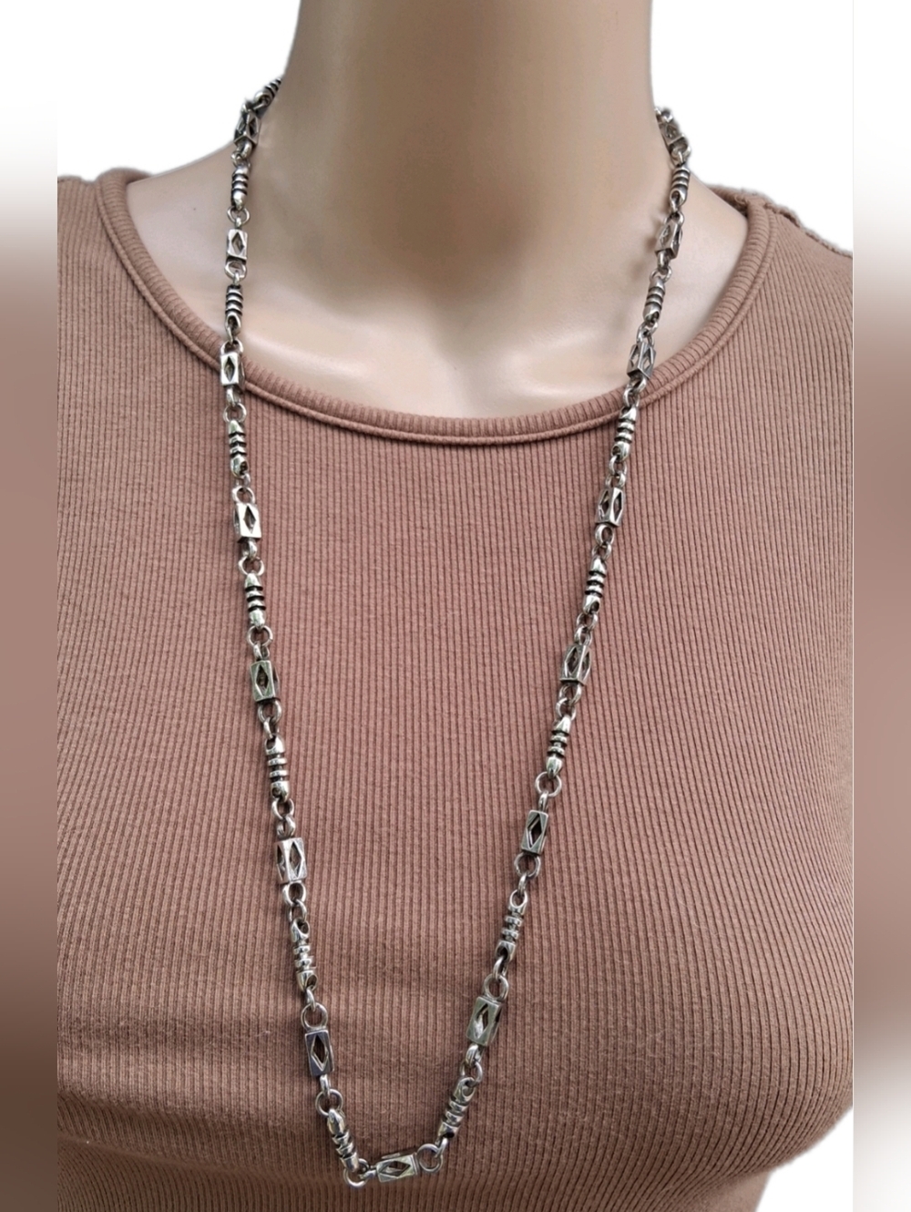 Vintage Silver Tone Industrial Station Chain Necklace - Long Layering Goth Steam